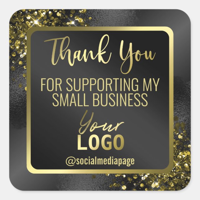 Luxury Black Gold Glitter Thank You Business Logo Square Sticker (Front)