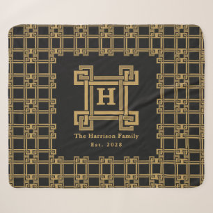 Luxury Black Gold Greek Key Family Est Monogram Sherpa Blanket