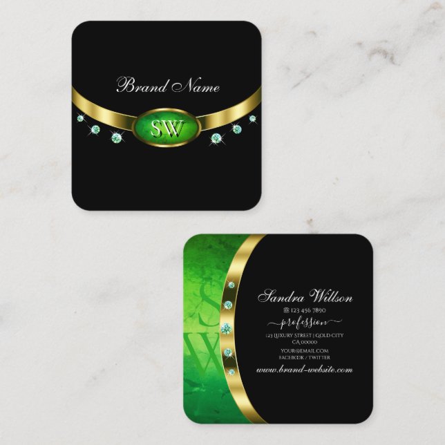 Luxury Black Gold Green Marble Rhinestone Monogram Square Business Card (Front/Back)