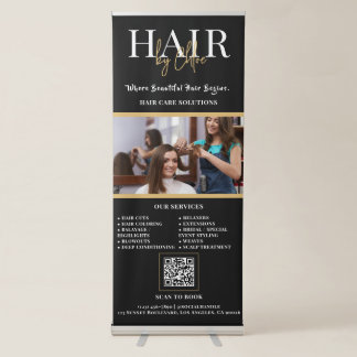 Luxury Black Gold Hair Salon Photo QR Scan to Book Retractable Banner