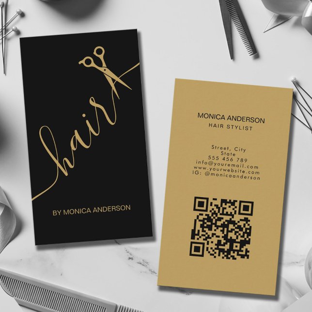 Luxury Black Gold Hair Script Scissors QR Code Business Card (Luxury Black Gold Hair Script Scissors QR Code Business Card)