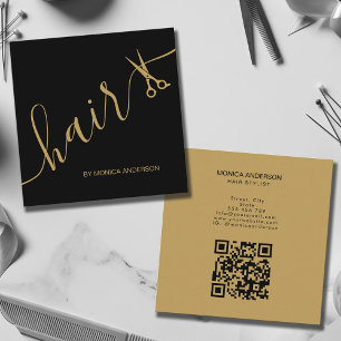 Luxury Black Gold Hair Script Scissors QR Code Square Business Card