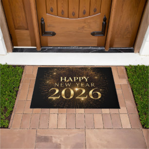 Luxury black gold happy new year welcome door mat
