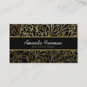 Luxury Black & Gold Leaves Pattern Real Estate Business Card