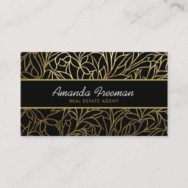 Luxury Black & Gold Leaves Pattern Real Estate Business Card (Front)