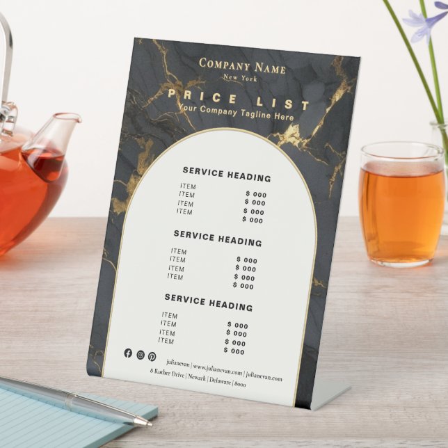 Luxury Black Gold Marble Agate Elegant Price List Pedestal Sign (In SItu)