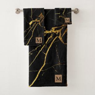 Luxury Black Gold Marble Monogrammed Bath Towel Set