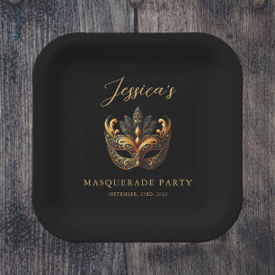 Luxury Black Gold Mask Theme Party Paper Plate