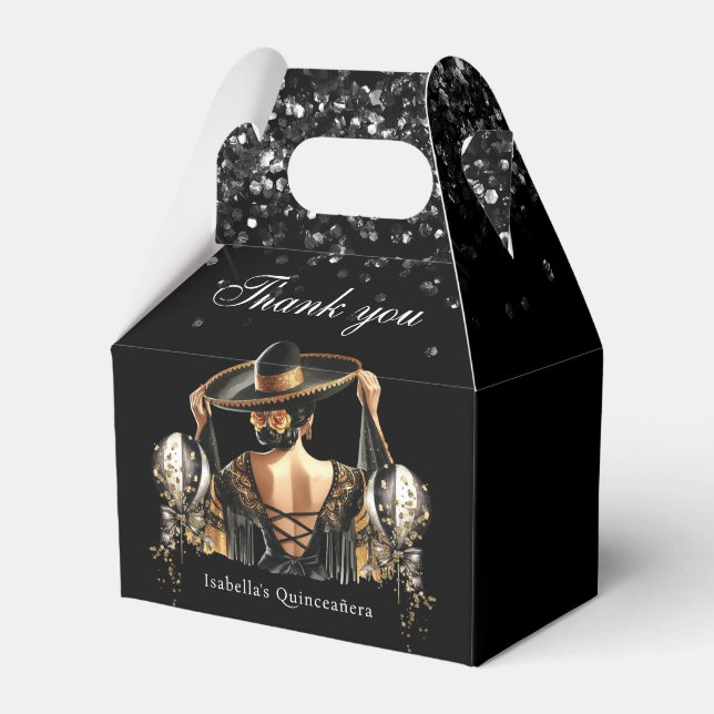 Luxury Black Gold Mexican Style Quinceañera Favour Box (Front Side)