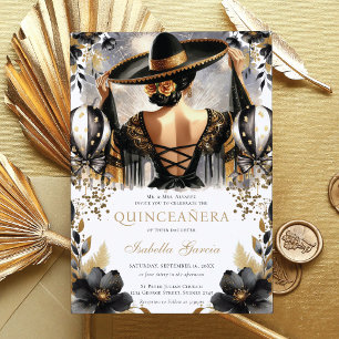 Luxury Black Gold Mexican Style Quinceañera Invitation
