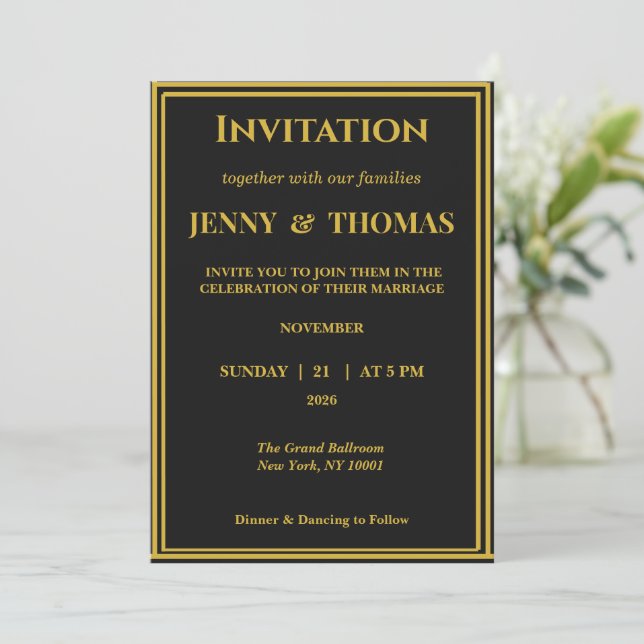 Luxury Black & Gold Minimal Wedding Invitation (Standing Front)