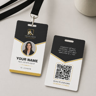 Luxury Black Gold Modern Real Estate QR Code ID Badge