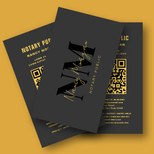 Luxury Black Gold Monogram Notary Public QR Code Business Card