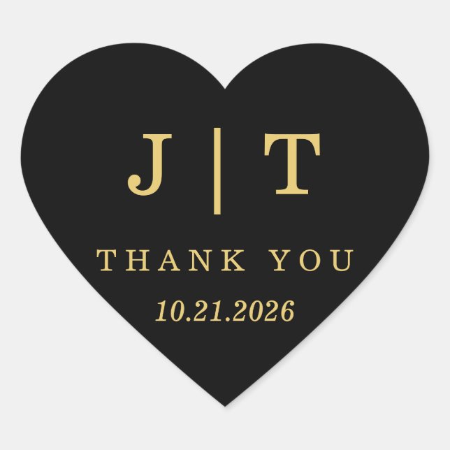 Luxury Black & Gold Monogram Wedding Envelope Line Heart Sticker (Front)