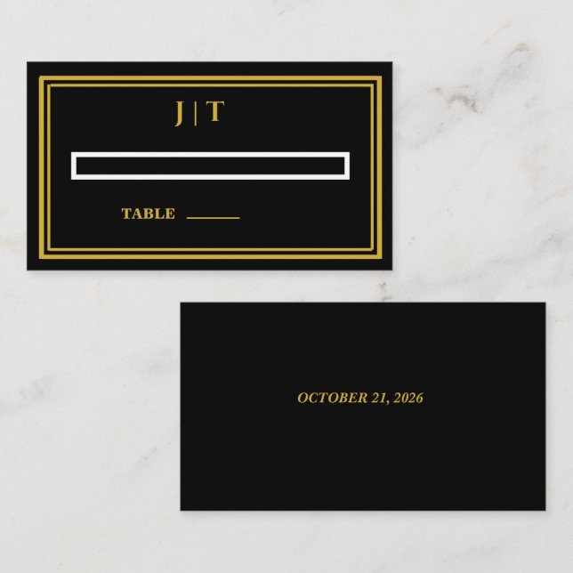 Luxury Black & Gold Monogram Wedding Place Card  (Front/Back)