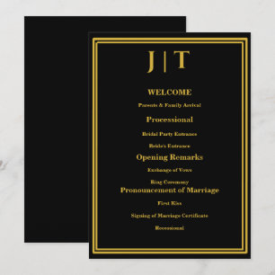 Luxury Black & Gold Monogram Wedding Program Card
