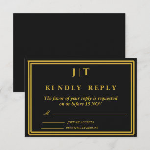 Luxury Black & Gold Monogram Wedding RSVP Card