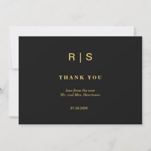 Luxury Black Gold Monogram Wedding Thank You Card 