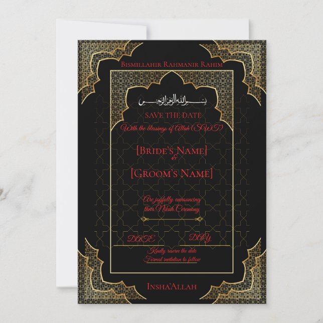 Luxury Black & Gold Muslim Save the Date (Front)
