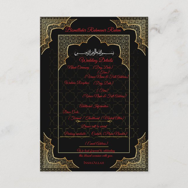 Luxury Black & Gold Muslim Wedding Details Card (Front)