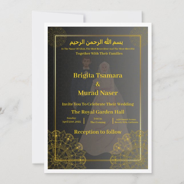 Luxury Black & Gold Muslim Wedding Invite (Front)