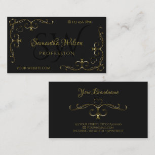 Luxury Black Gold Ornate Corner Borders Initials Business Card