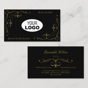 Luxury Black Gold Ornate Corner Borders with Logo Business Card
