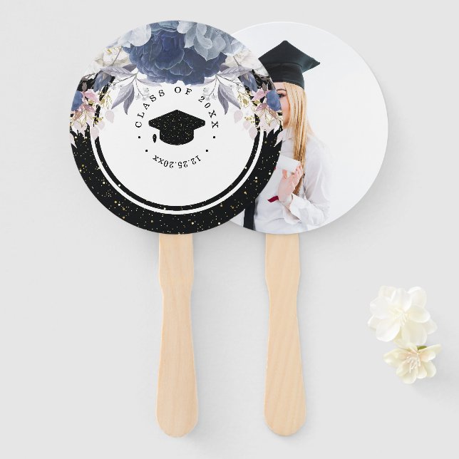 Luxury Black Gold Photo Floral Graduation Hand Fan (Front and Back)