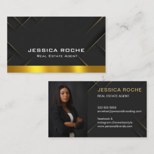 Luxury Black Gold Photo Real Estate Agent QR Code  Business Card