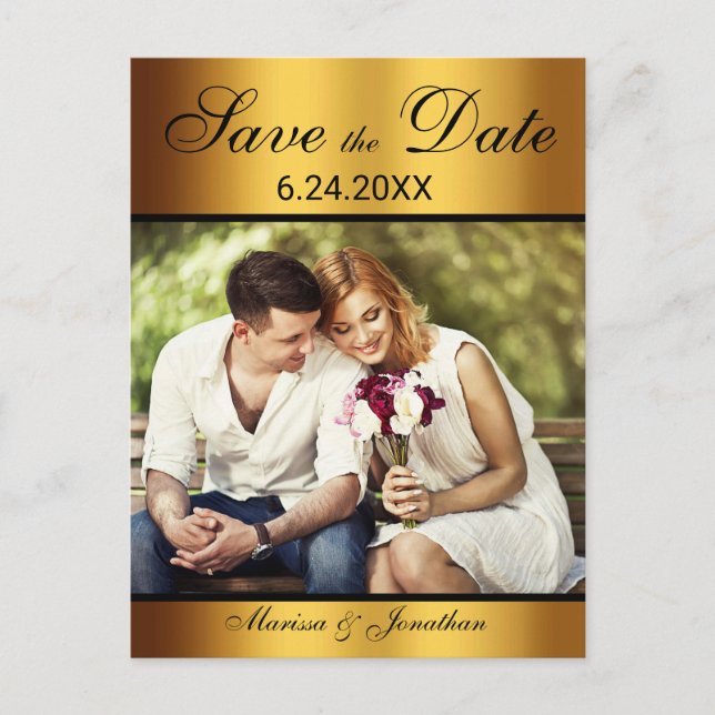 Luxury Black Gold Photo Wedding Save the Date Announcement Postcard (Front)