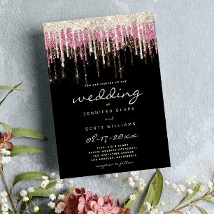 Luxury black gold pink glam glitter drips wedding invitation