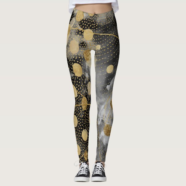 Luxury, Black Gold Polka Dots Pattern Leggings (Front)