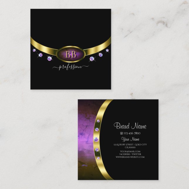 Luxury Black Gold Purple Marble Monogram Diamonds Square Business Card (Front/Back)