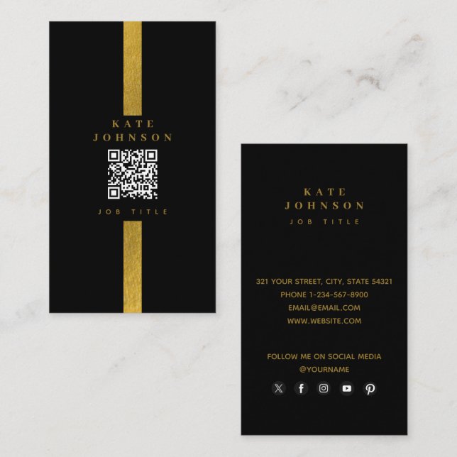 Luxury Black Gold QR Code Social Media Business Card (Front/Back)