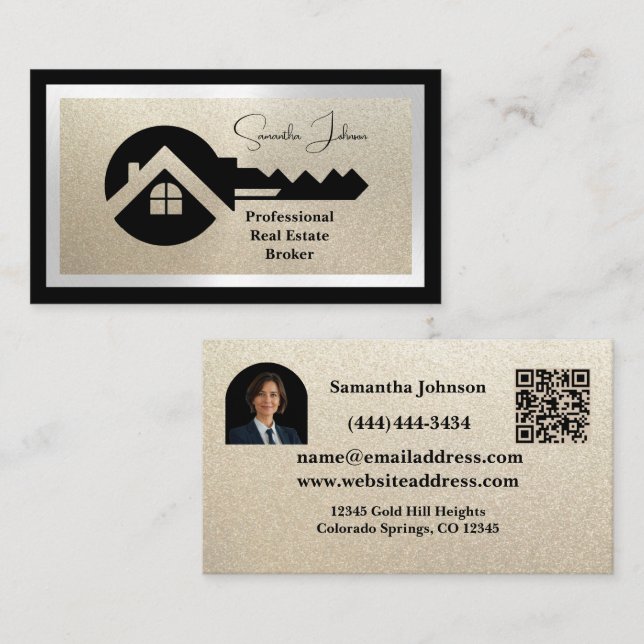 Luxury Black & Gold QR/Photo Real Estate  Business Card (Front/Back)