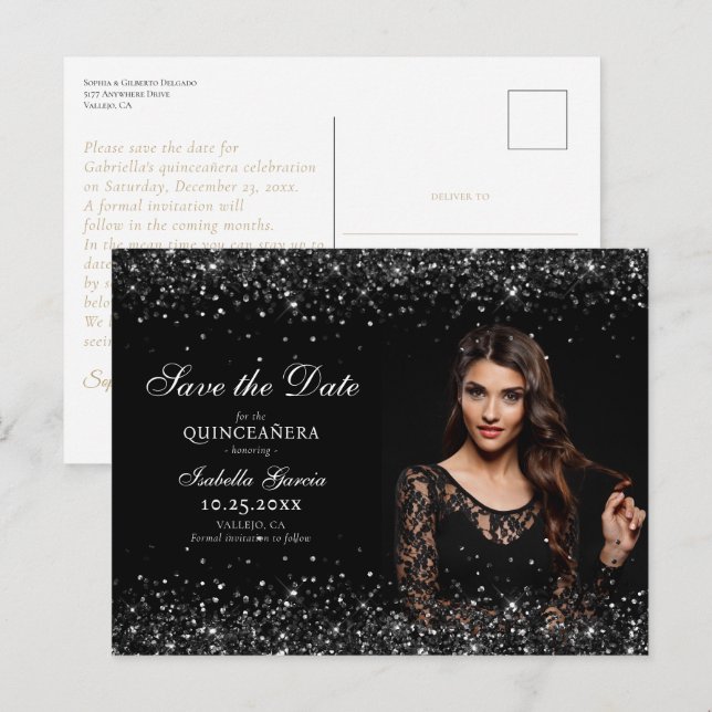 Luxury Black Gold Quinceañera Save the Date Postcard (Front/Back)