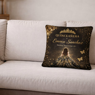 Luxury Black Gold Quinceañera Throw Pillow