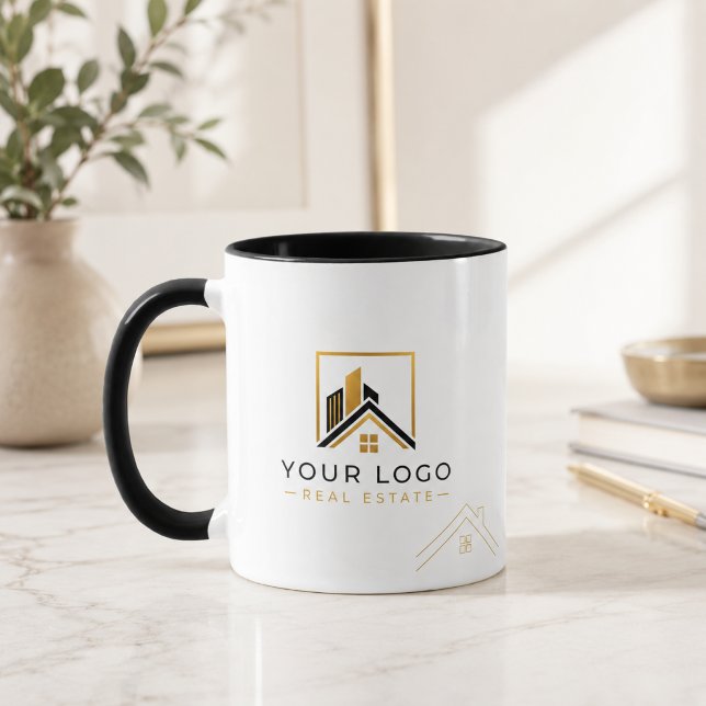 Luxury Black Gold Real Estate Logo  Mug (Realtor Logo Mug for Luxury Real Estate Branding | Black Gold Office Style)