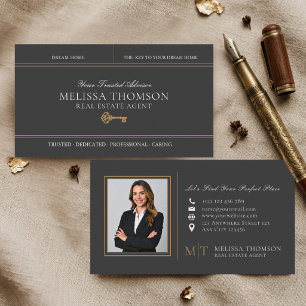 Luxury Black Gold Real Estate Photo Monogram Business Card