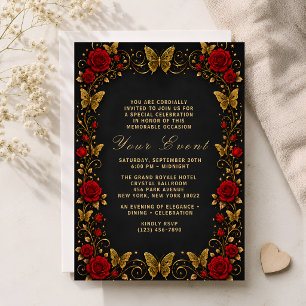 Luxury Black Gold Red Rose Butterfly Event  Invitation