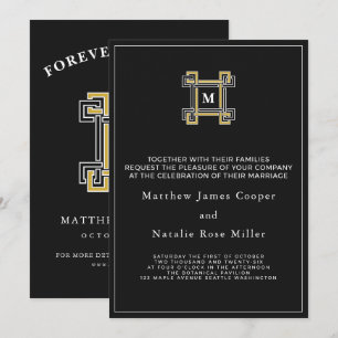 Luxury Black Gold Regal Greek Key Monogram Invitation