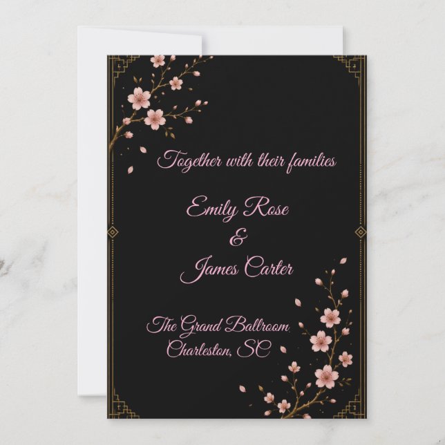 Luxury Black Gold & Sakura Wedding Invitation (Front)