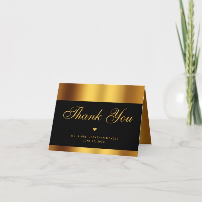 Luxury Black Gold Script Inside Photo Wedding Thank You Card (Front)