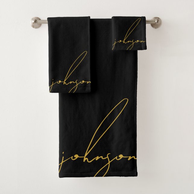 Luxury Black Gold Signature Script Monogram Bath Towel Set (Insitu)