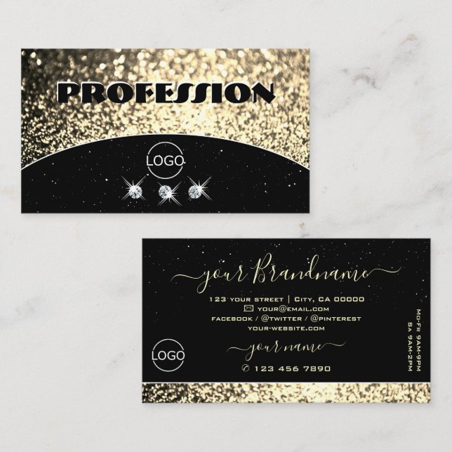 Luxury Black Gold Sparkling Glitter Diamonds Logo Business Card (Front/Back)