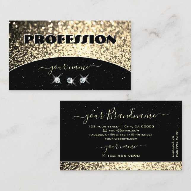 Luxury Black Gold Sparkling Glitter Rhinestones Business Card (Front/Back)