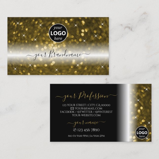 Luxury Black Gold Sparkling Glitter Stars Add Logo Business Card (Front/Back)