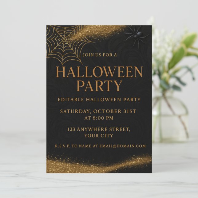 Luxury Black & Gold Spooky Elegant Halloween Invitation (Standing Front)
