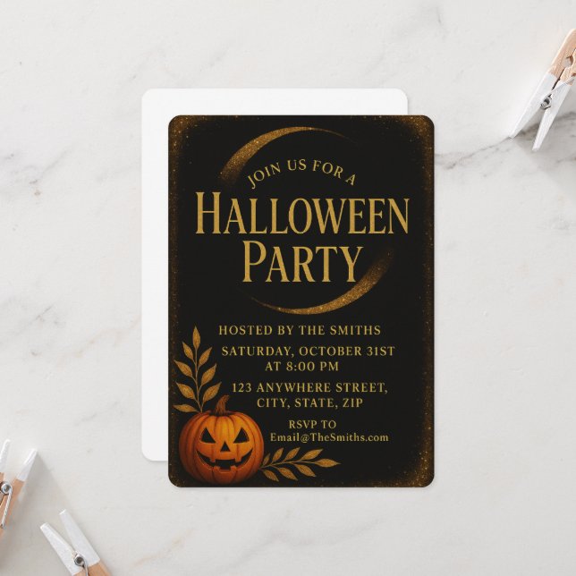Luxury Black & Gold Spooky Elegant Halloween Invitation (Front/Back In Situ)