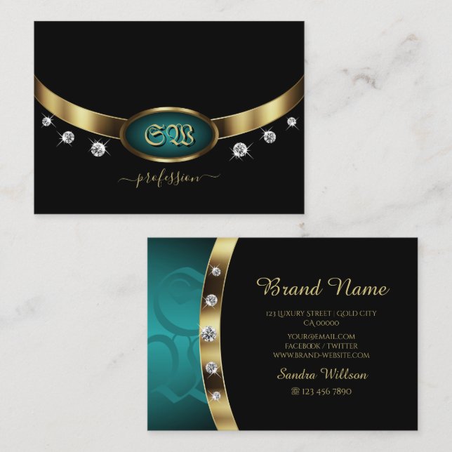 Luxury Black Gold Teal with Initials and Diamonds Business Card (Front/Back)